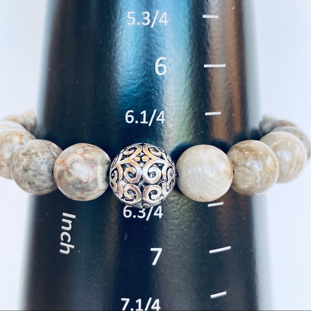 Handcrafted Fossil Coral Beaded Stretch Bracelet 10mm Gemstones & Silver-Plated - Picture 10 of 10